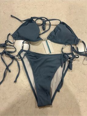 Ribbed Tie-Side Triangle Bikini Set in Slate Blue
